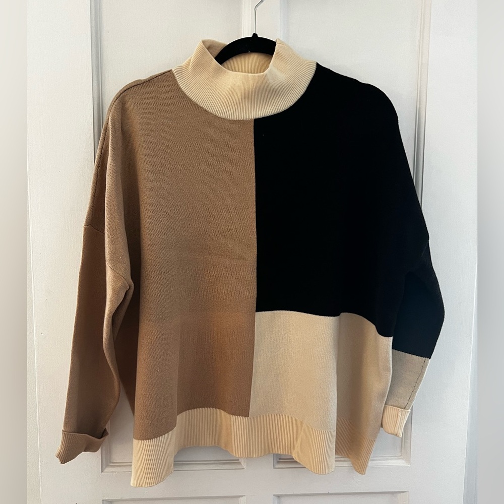 THML Colorblock Turtleneck Sweater - Black and Tan